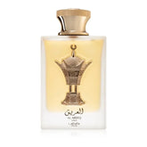 Gouden Al Areeq Gold parfumfles met Arabisch schrift en ornamenten van Lattafa