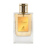 Glazen parfumfles van Al Hambra Parfum Kismet Woman met gouden label en metallic dop