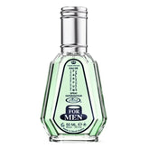 Faceted glass bottle with silver cap of Al-Rehab Parfum for Man