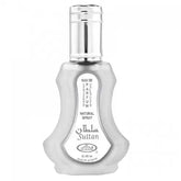 Zilveren en witte parfumfles van Al-Rehab Parfum Sultan, Arabische parfum