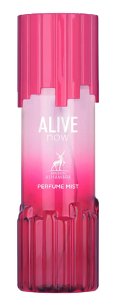 Een levendige roze, geribbelde glazen body mist fles alive now van maison alhambra met bijpassende dop en verloopetiket