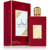 Alt tekst van een rood en goud parfumfles en doos voor Arab Asdaaf Ameerat al Arab
