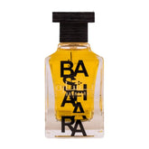 Ard al Zaafaran Bashaara transparante glazen fles met zwart houten dop en amberkleurige basra geurige vloeistof
