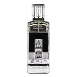 Een strakke rechthoekige glazen flacon van ard al zaafaran crystal black met zwart label en zilveren arabische letters