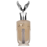Een beige glazen Ard al Zaafaran al Hur So Wild parfumfles met zilveren adelaarvormige dop en metalen verticale branding
