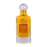 Gouden geurflacon met glazen stop en gouden dop met elegant etiket mango king mosk van ard al zaafaran ithra dubai