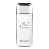 Een strakke transparante glazen fles met een zilveren dop en minimalistisch zwart arabisch opschrift kalimat latansa eau de parfum