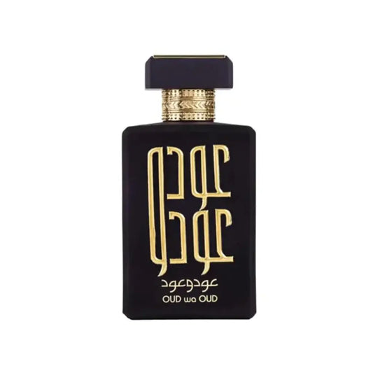 Zwarte rechthoekige parfumfles met gouden arabische letters en ard al zaafaran oud wa oud merk met zwarte dop en gouden halsband