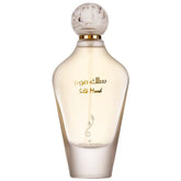 Een slanke doorzichtige glazen parfumfles met een ronde gouden accenten dop en arabische tekst van ard al zaafaran silk mood