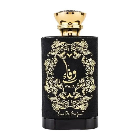 Zwart rechthoekig parfumflesje met goudkleurige ornamenten en dop labeled wafa eau de parfum van ard al zaafaran