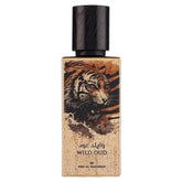 Rechthoekige amberkleurige glazen fles met zwarte houten dop en tijgerillustratie labeled wild oud van ard al zaafaran