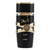 Zwart en goud parfumfles van Lattafa Parfum Asad etalage
