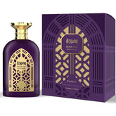 Dieppaarse glazen fles met gouden geometrische details en gouden dop met de basira geur van fariis basira edp