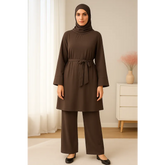 Bruine Burkini Smahane met wijde broek en riem, bescheiden zwemkleding