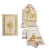 Creamkleurige drawstring tas van beige velvet met gouden egal eid mubarak tekst cadeaupakketje beige velvet