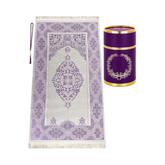 Prayer rug with purple floral and geometric patterns for Cadeauset gebed cilinder