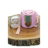 Roze gebed mini cilinderbox met metallic rand en kralen rozenkrans in cadeauset gebed mini