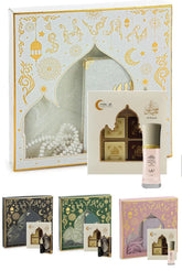 Een wit fijne gebedskraalset in een goud- en crèmekleurige cadeaubox met islamitische motieven cadeauset lovely heren en dames