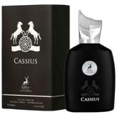 Zwarte parfumfles en bijpassende doos met zilveren accenten voor Al Hambra Parfum Cassius