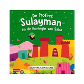 Kleurrijke kinderboek cover met kasteel en palmbomen voor De Profeet Sulayman en de Koningin van Saba