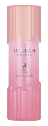 Roze cilindrische delilah body mist fles met matching dop en hertenlogo voor dames