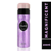 Deodorant Magnificent Riffs met paarse en zwarte spray en roze dop voor frisheid