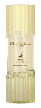 Een slanke, doorschijnende glazen fles met geribbelde textuur en lichtgele dop, labeled desirable addiction body mist