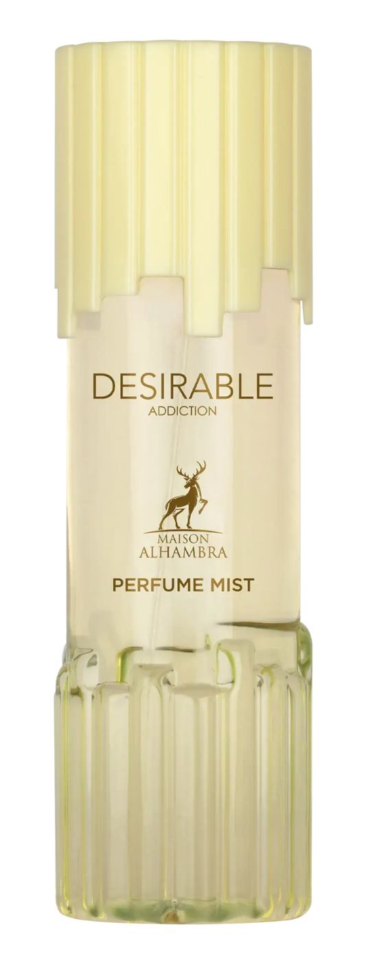 Een slanke, doorschijnende glazen fles met geribbelde textuur en lichtgele dop, labeled desirable addiction body mist