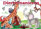 De kleurrijke voorkant van het kinderboek dierenmanieren van salaam art met cartoon giraffen en olifanten