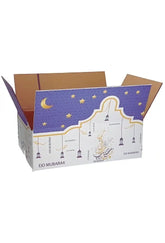 Decoratieve kartonnen eid cadeaupakket doos van deen and dunya met paarse en witte ster- en maanprint en gouden eid mubarak tekst