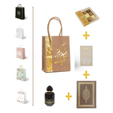 Elegante beige geschenkzak met gouden Eid tekst en decoratie voor eid cadeaupakket