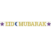 Eid mubarak glitter letter banner in gold with purple stars and a blue crescent moon for festive decor