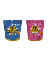 Blauwe en roze eid mubarak verrassingszakken van glanzend plastic met feestelijke illustraties perfect cadeau voor kinderen