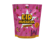 Roze eid mubarak verrassingszak met gele en gouden accenten en feestelijke illustraties perfecte cadeau voor kinderen