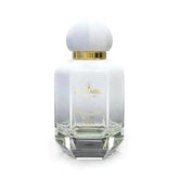 Frosted glazen parfumfles met gouden rand en geometrische basis van Parfum Musc Lina