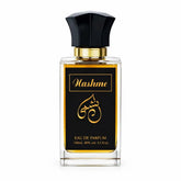 Een slanke rechthoekige glazen fles nashme eau de parfum met een zwarte facettendop en gouden accenten