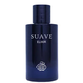 Donkerblauwe fles van Fragrance World Suave Elixir met globe-logo