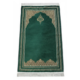 Groen chenille gebedskleed met gouden accenten en kwastjes