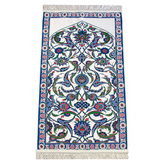 Donkerblauwe chenille gebedskleed met tulpenmotief en bloemenpatroon