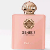 Roze rechthoekige genesis edp parfumfles met goudkleurige geribbelde dop en reliëf zonnestraalembleem voorkant