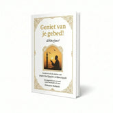 Witte hardcover gebedboek geniet van je gebed met gouden letters en een biddend silhouet bij zonsondergang