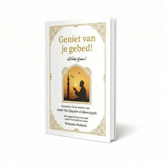 Witte hardcover gebedboek geniet van je gebed met gouden letters en een biddend silhouet bij zonsondergang
