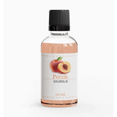 Peach geurolie -perzik in heldere glazen fles met zwarte dop, aromatisch en verfrissend