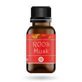 Bruine glazen fles met zwarte dop en rood label voor Geurolie -roos musk