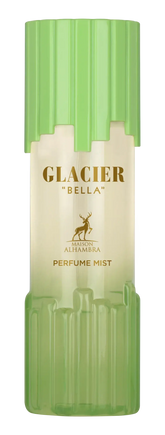 A sleek translucent green and cream Glacier Bella body mist bottle with ribbed design and gold Maison Alhambra lettering