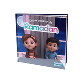 Een kinderboek goede daden in de ramadan met cartoonillustraties van een meisje en jongen tegen maanlicht van hadieh studio