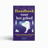 Paarse gebedshandleiding met witte en blauwe illustraties van biddende mensen op de omslag