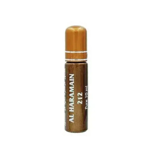 Een slanke amberkleurige glazen rollerfles met metalen gouden dop en zilveren band gelabeld al haramain 212 pure 10 ml