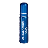 Blauwe metalen rollerball parfumfles al haramain safa met witte tekst en zilveren band voor parfumolie gebruik