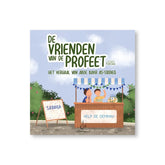 Kinderboek met illustratie van twee jongens bij een liefdadigheidsstand over goede daden en Aboe Bakr